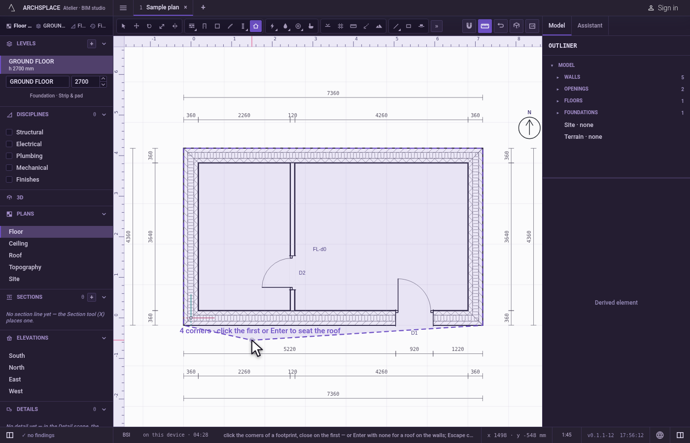 Or, for a footprint of its own, click its corners. Click each corner; the magnet holds the clicks on wall corners and other points within reach, and Shift, or F8 while it is on, keeps an edge horizontal or vertical.
