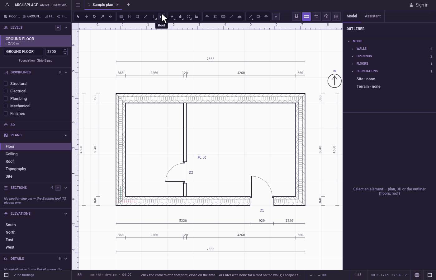 Take the tool. Click the Roof button on the toolbar.