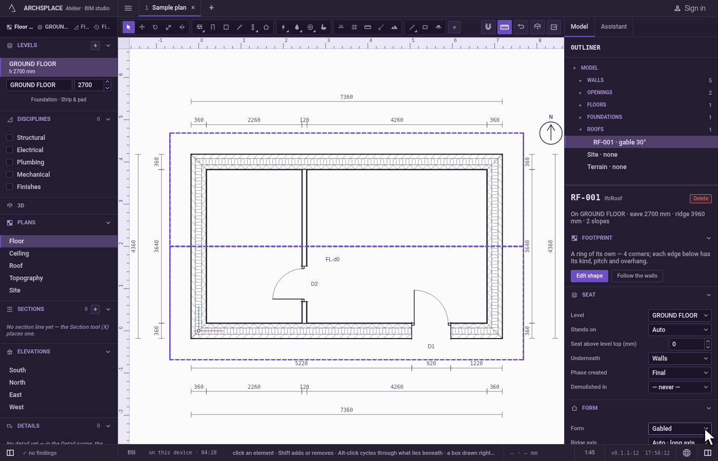 Set it in its panel. Choose the form, the pitch and the overhang, then each edge in the Edges list: a slope, a gable or an abutting edge, with its own pitch and overhang.