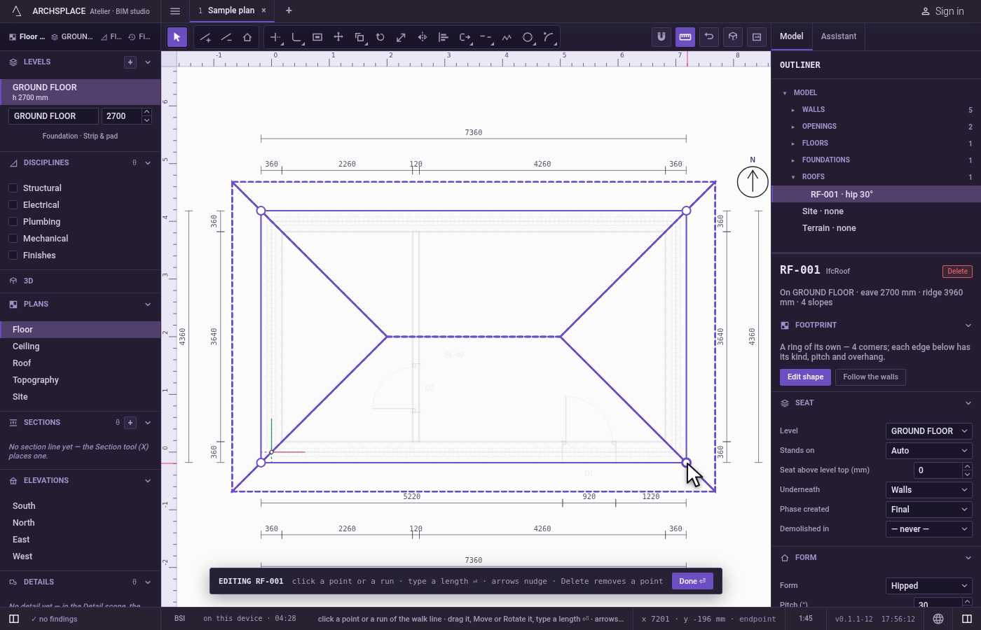Edit the footprint. In the footprint's scope, drag a corner or an edge, type a length, or use the Add corner, Remove corner and Edge kind tools.