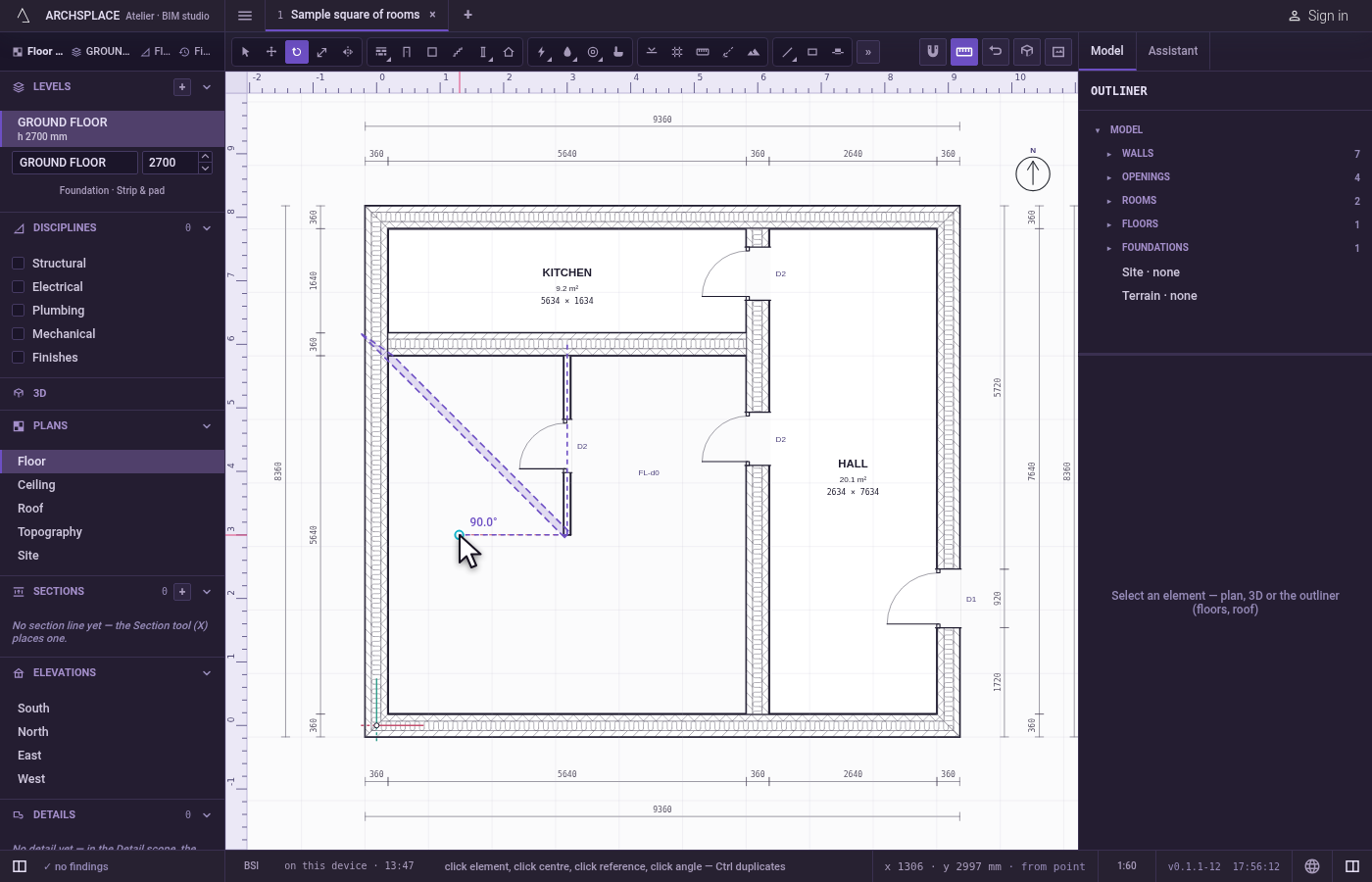 Click the angle, or type it. Move the cursor until the ghost stands where you want and click.