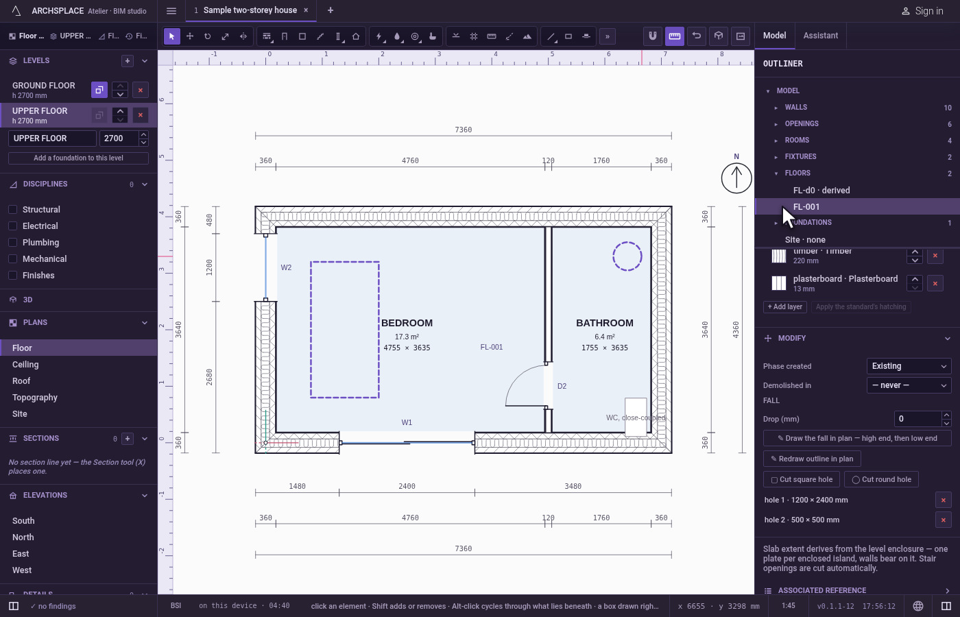 Read it in the panel. Each hole is listed in the slab's panel with its size, and Remove hole takes one away.