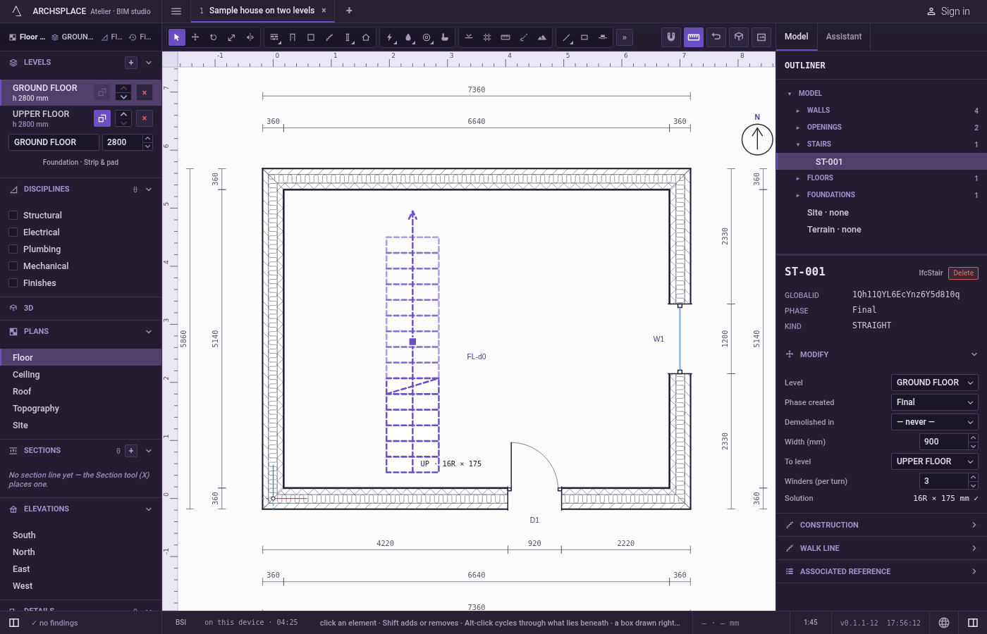 Finish it in its panel. Select the stair: set its width, the level it reaches, the winders per turn and its construction.