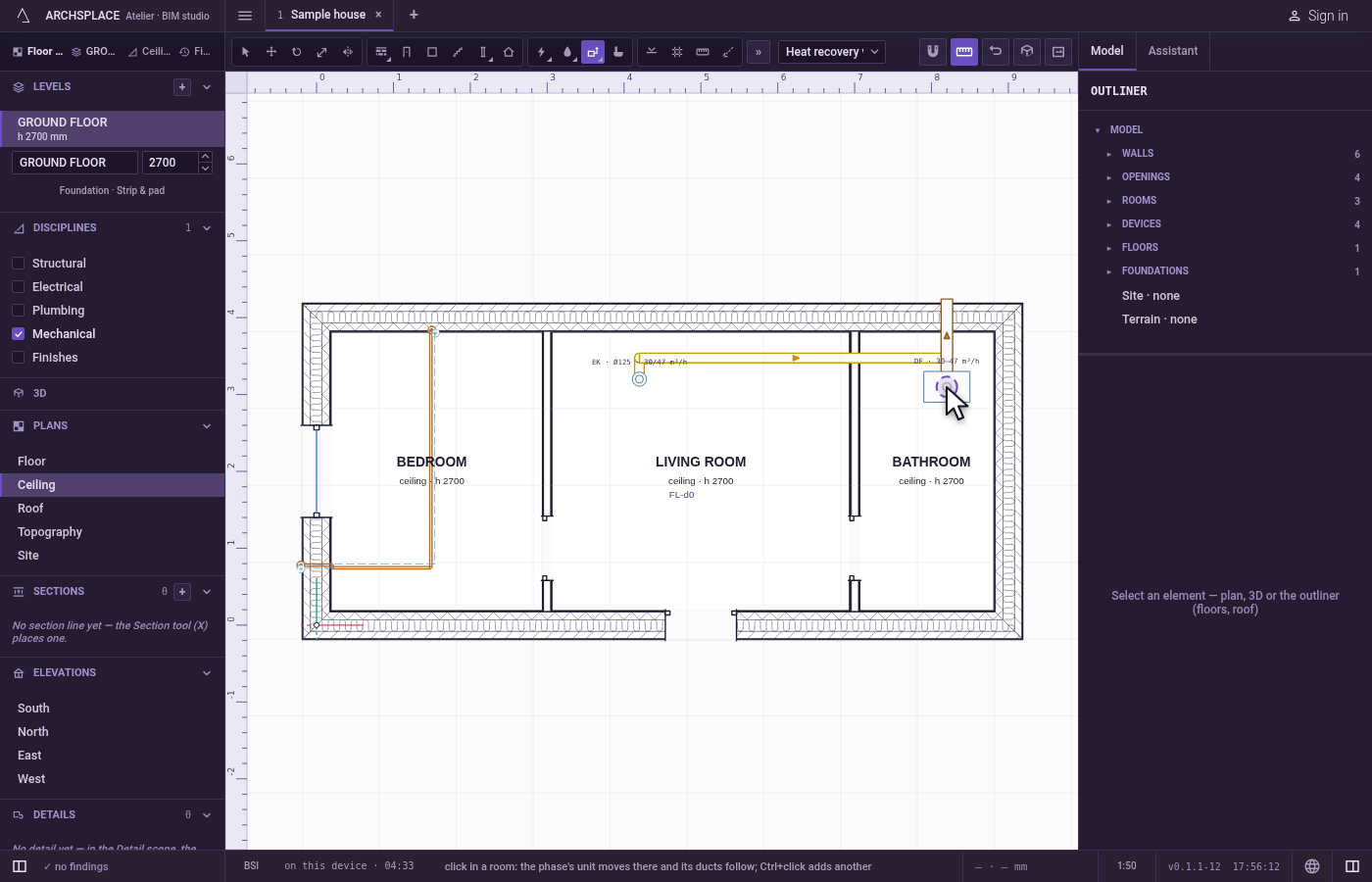 Click inside a room. With no unit of that kind yet in this phase, it is placed at the click.