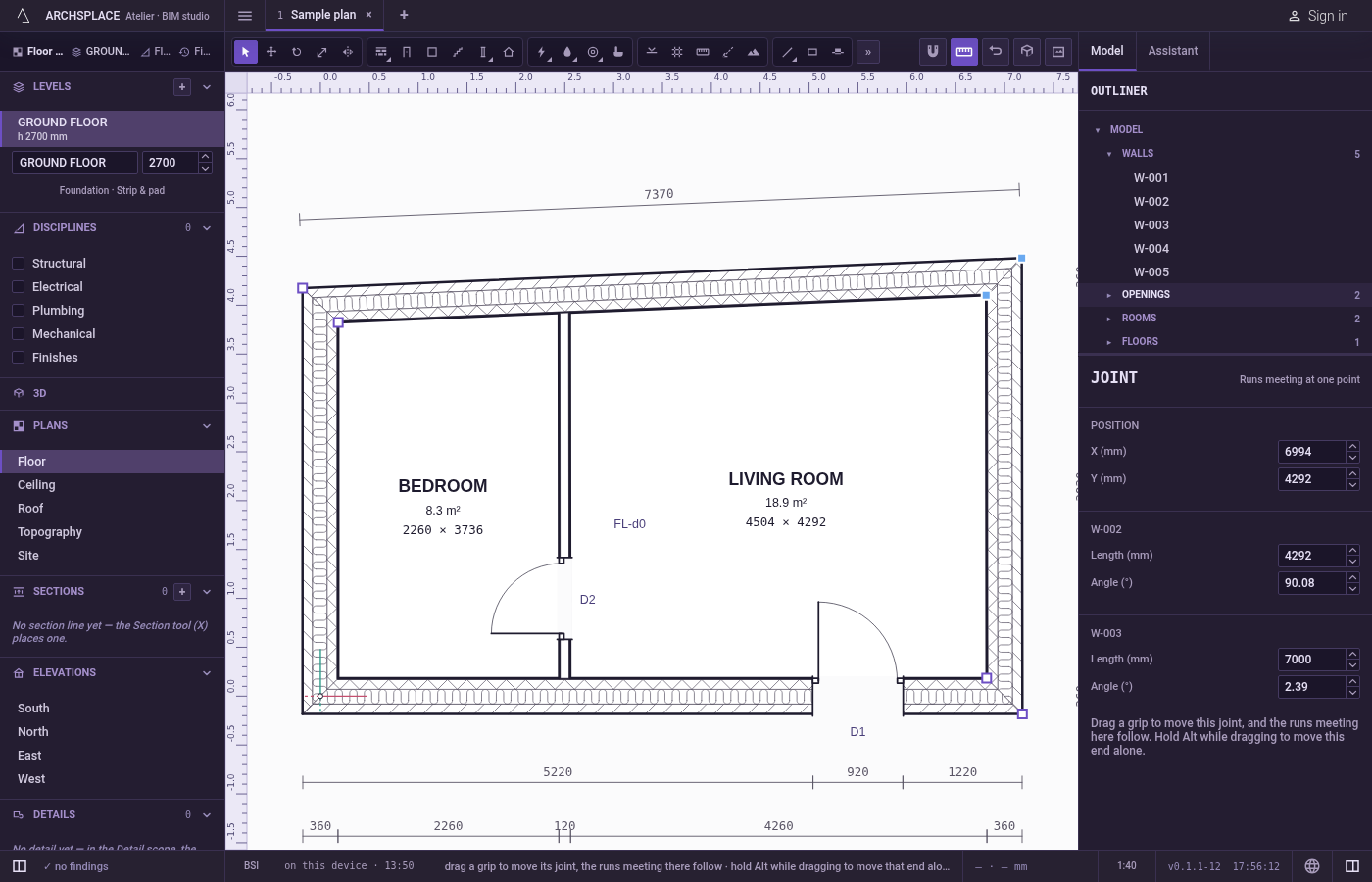 Type in the joint's panel. The panel says what kind of joint it is (runs meeting at one point, an end on a wall's face, or a free end), its X and Y, and for each wall meeting there, its length and its angle.