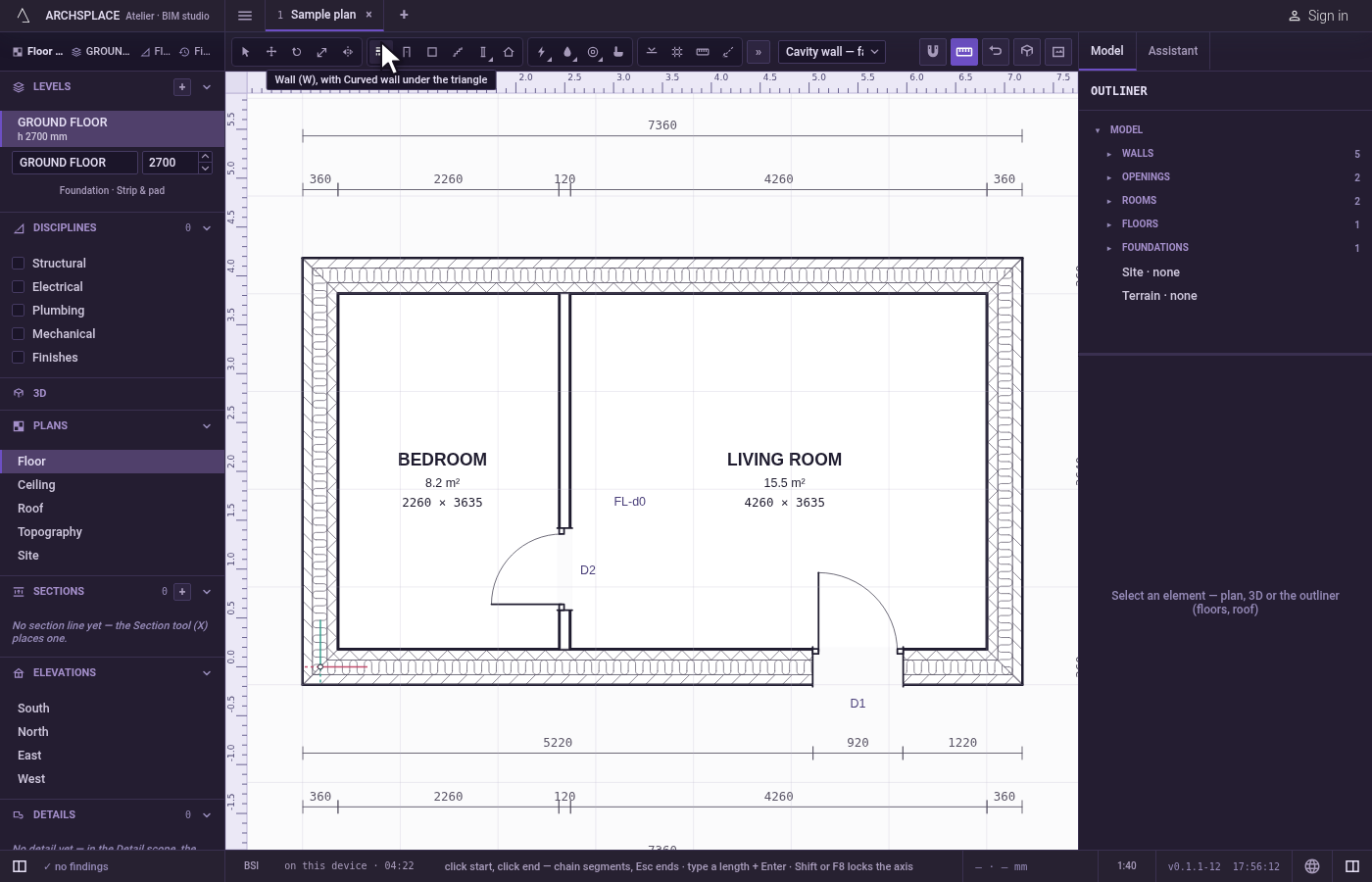 Take the tool. Press W, or click the Wall button.