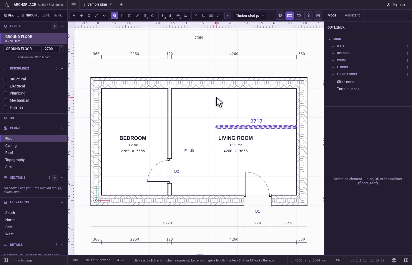 Aim where the wall runs. A line leaves the start and follows the cursor, its length written at its middle.