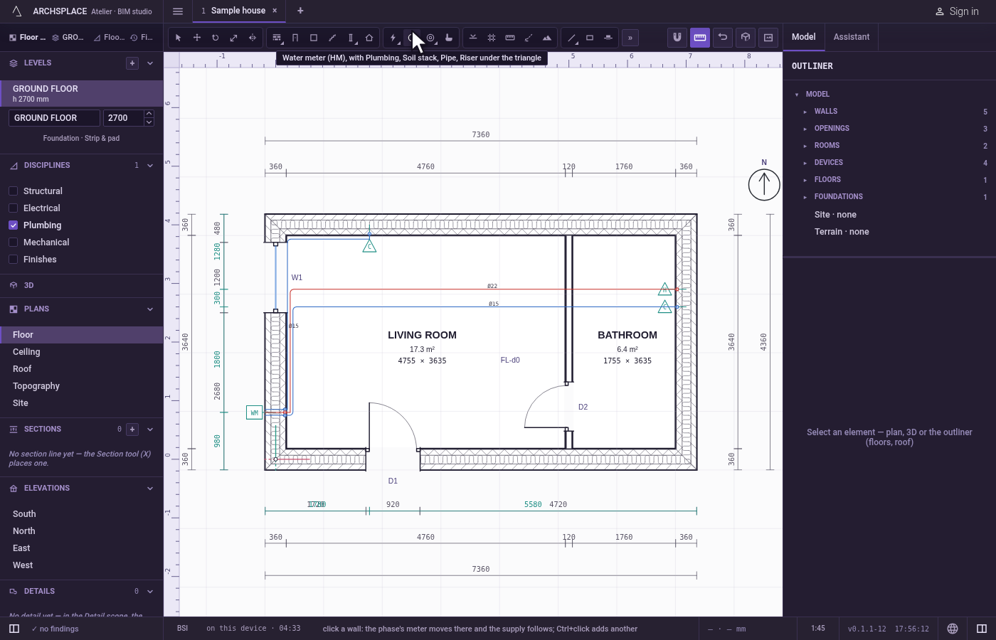 Take the tool. Type H then M quickly, or pick it on the toolbar, where it shares a button with the other plumbing tools.