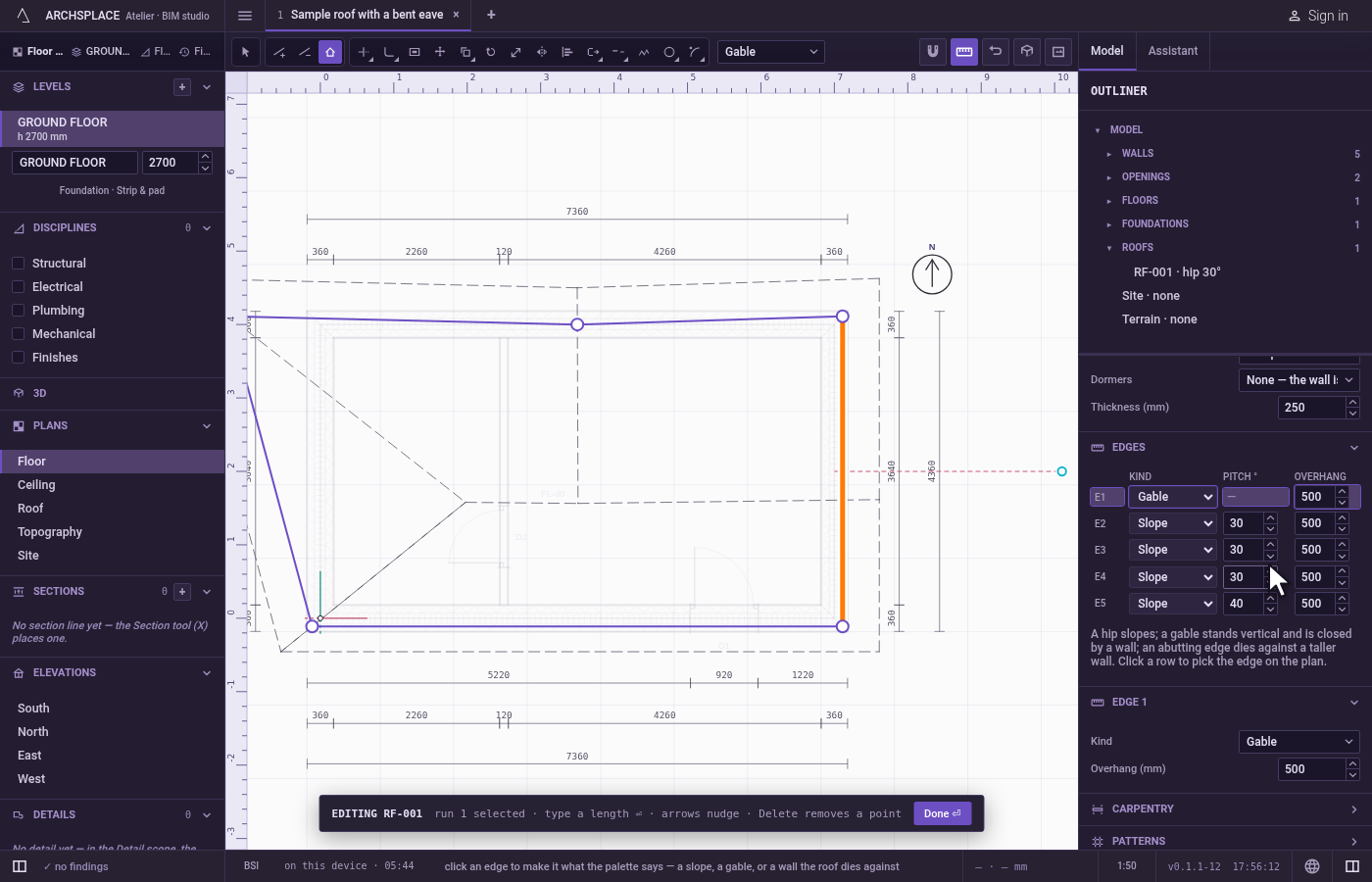 Set an edge's pitch or overhang. In the panel, under Edges, type a Pitch ° or an Overhang on that edge's row.