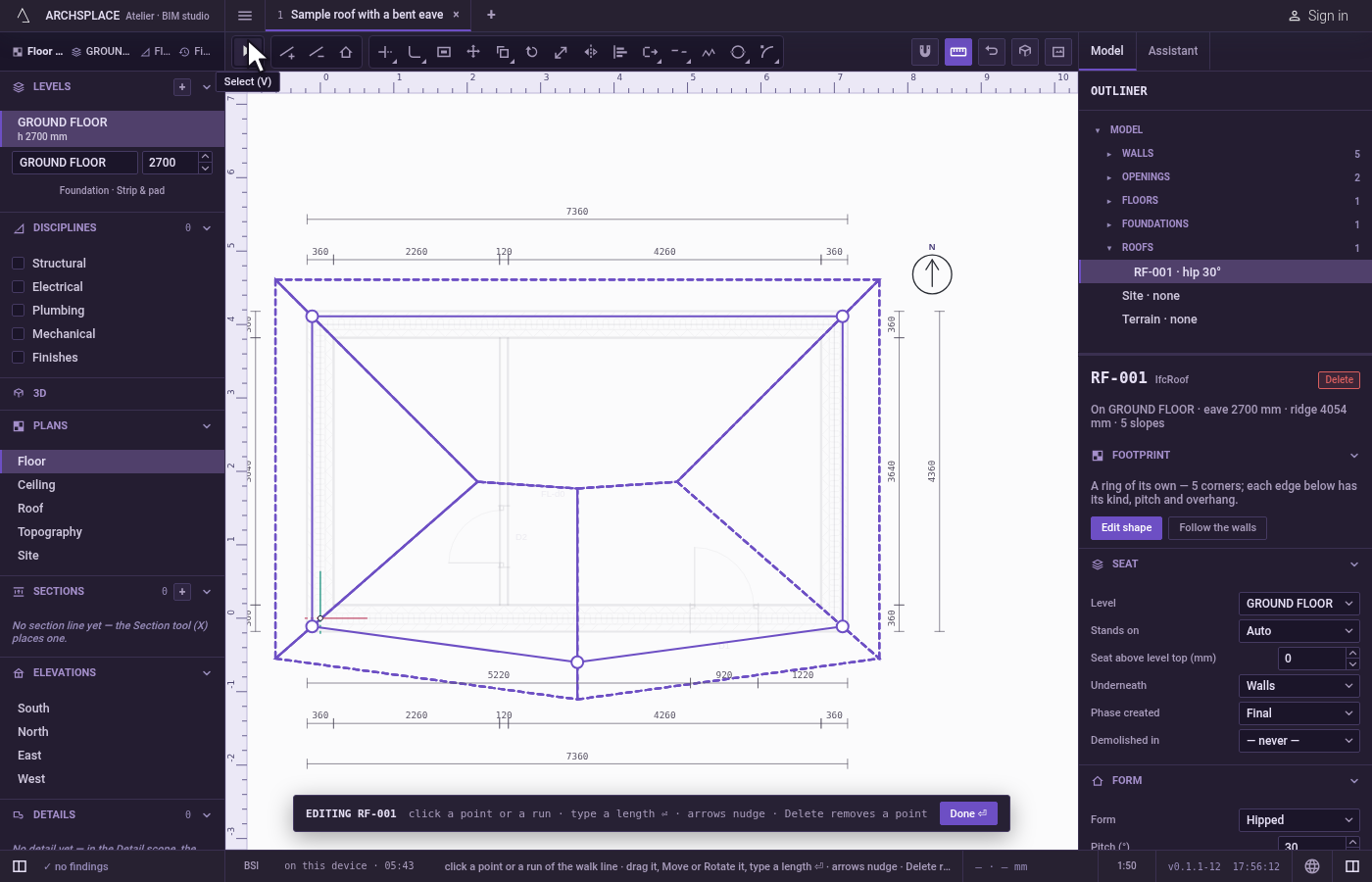 Open the editor. Draw a roof with the Roof tool, in the build group of the plan's toolbar, by clicking its corners and closing on the first: it lands selected, with its editor open.