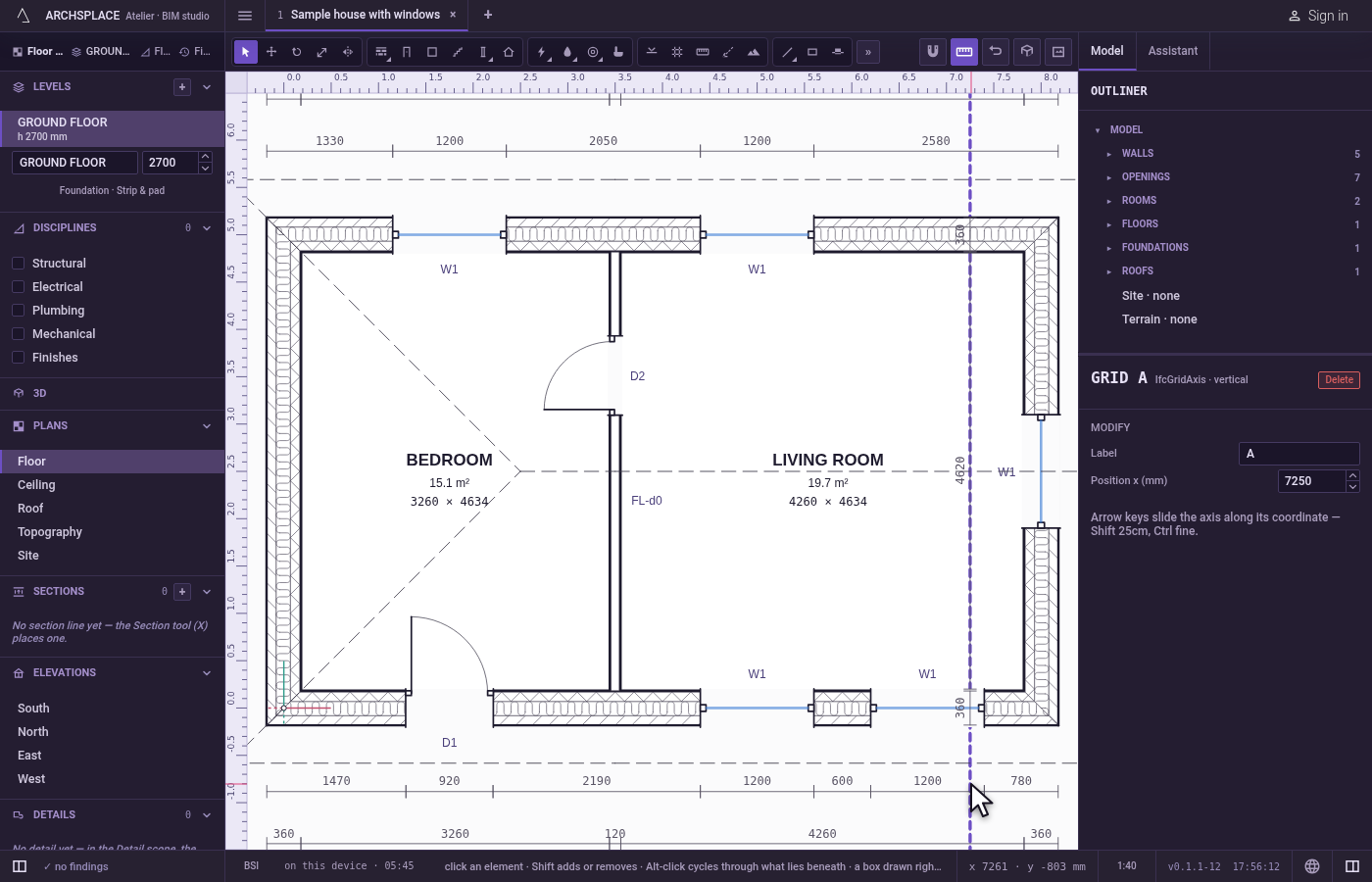 Adjust it from the plan or its panel. With Select, click the axis on a plan.