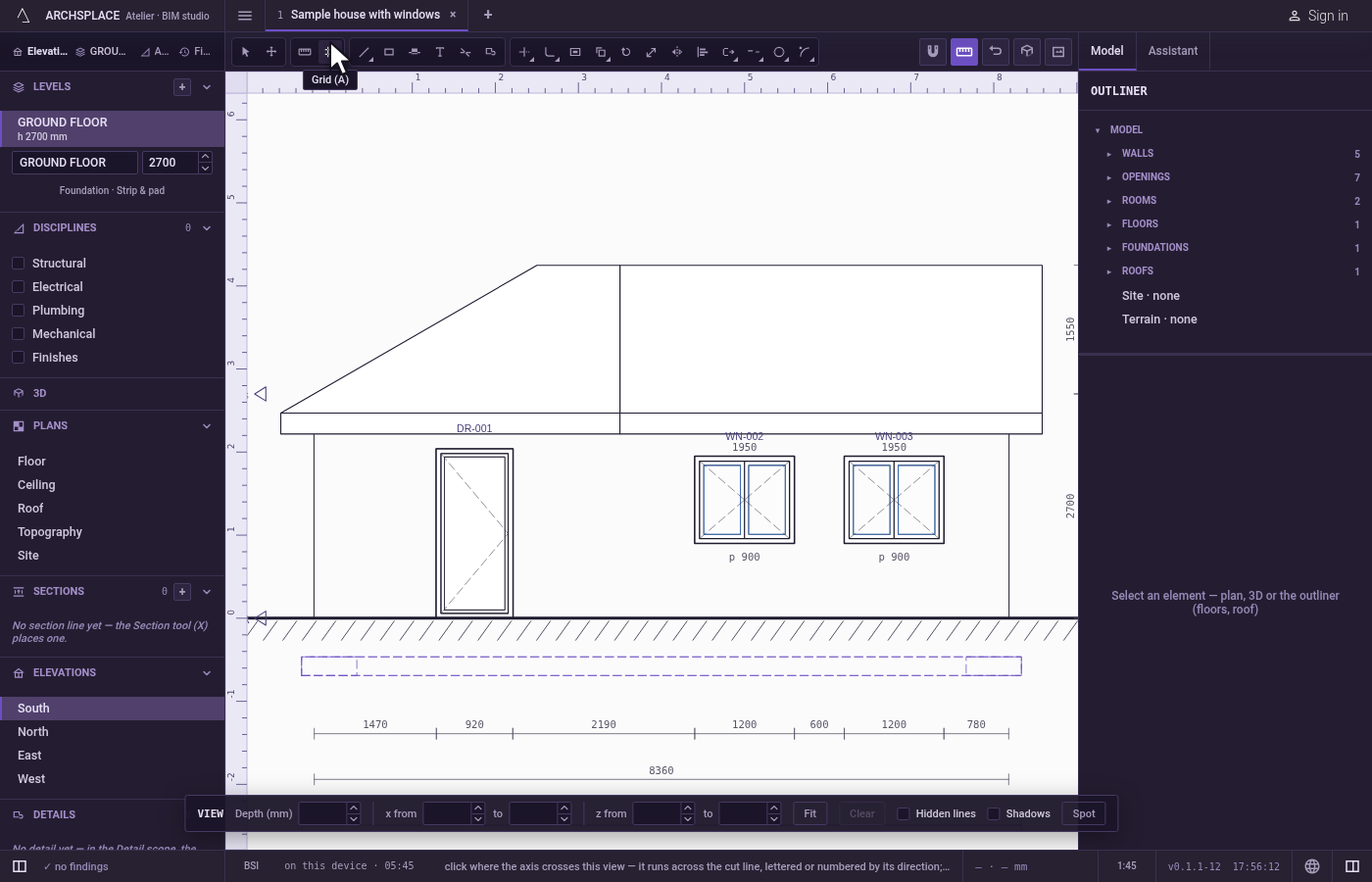 Open a section or an elevation and press A. Or click Grid in the toolbar.