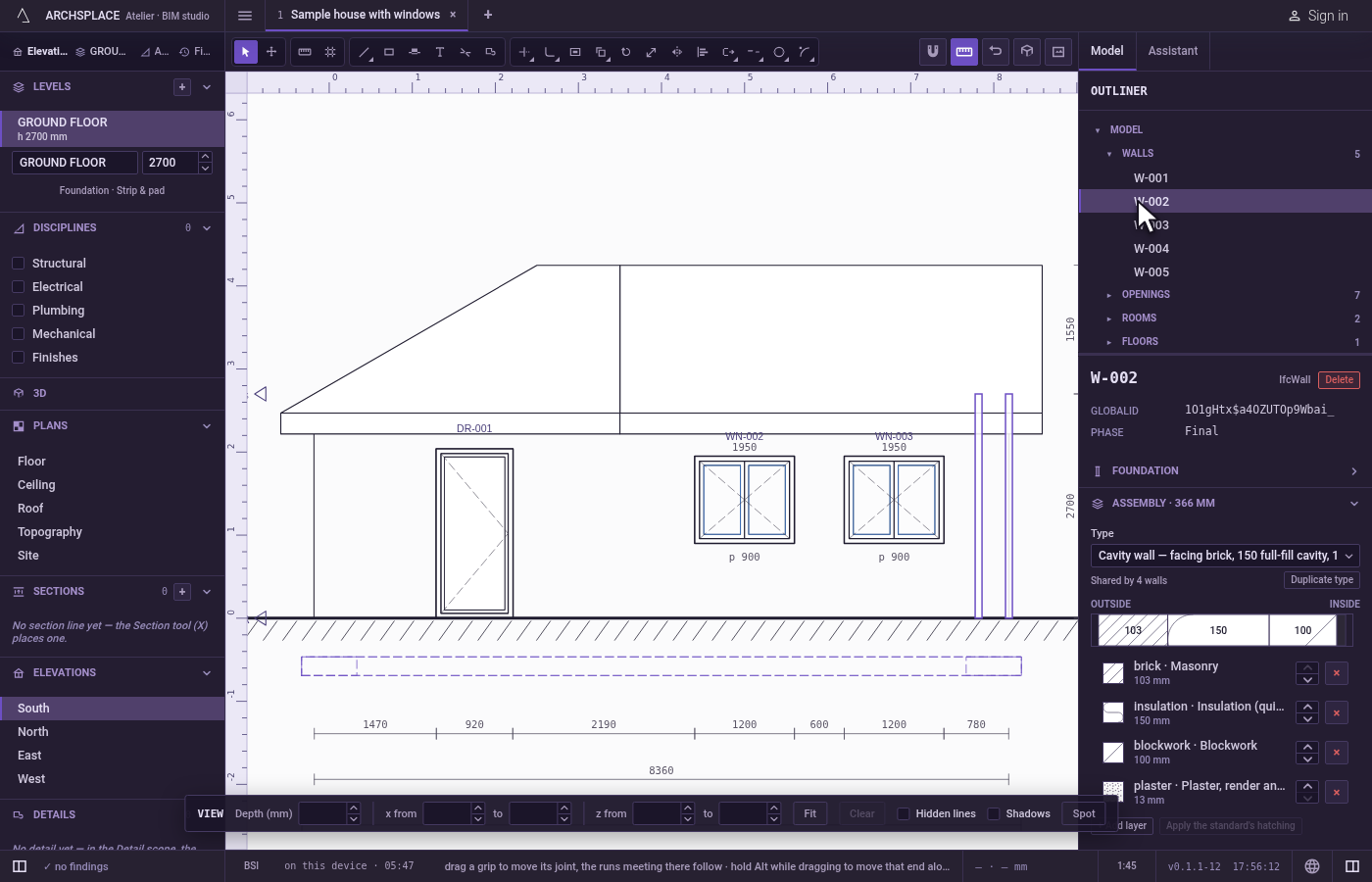 Open an elevation and select a wall. Under Elevations in the sidebar, click South.