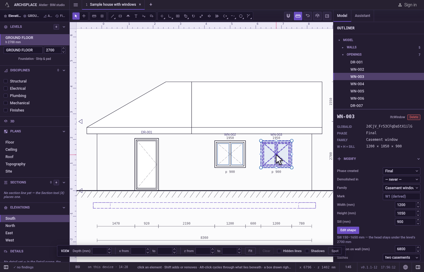 Open a section or an elevation and select what to move. With Select, click a window on the facade.