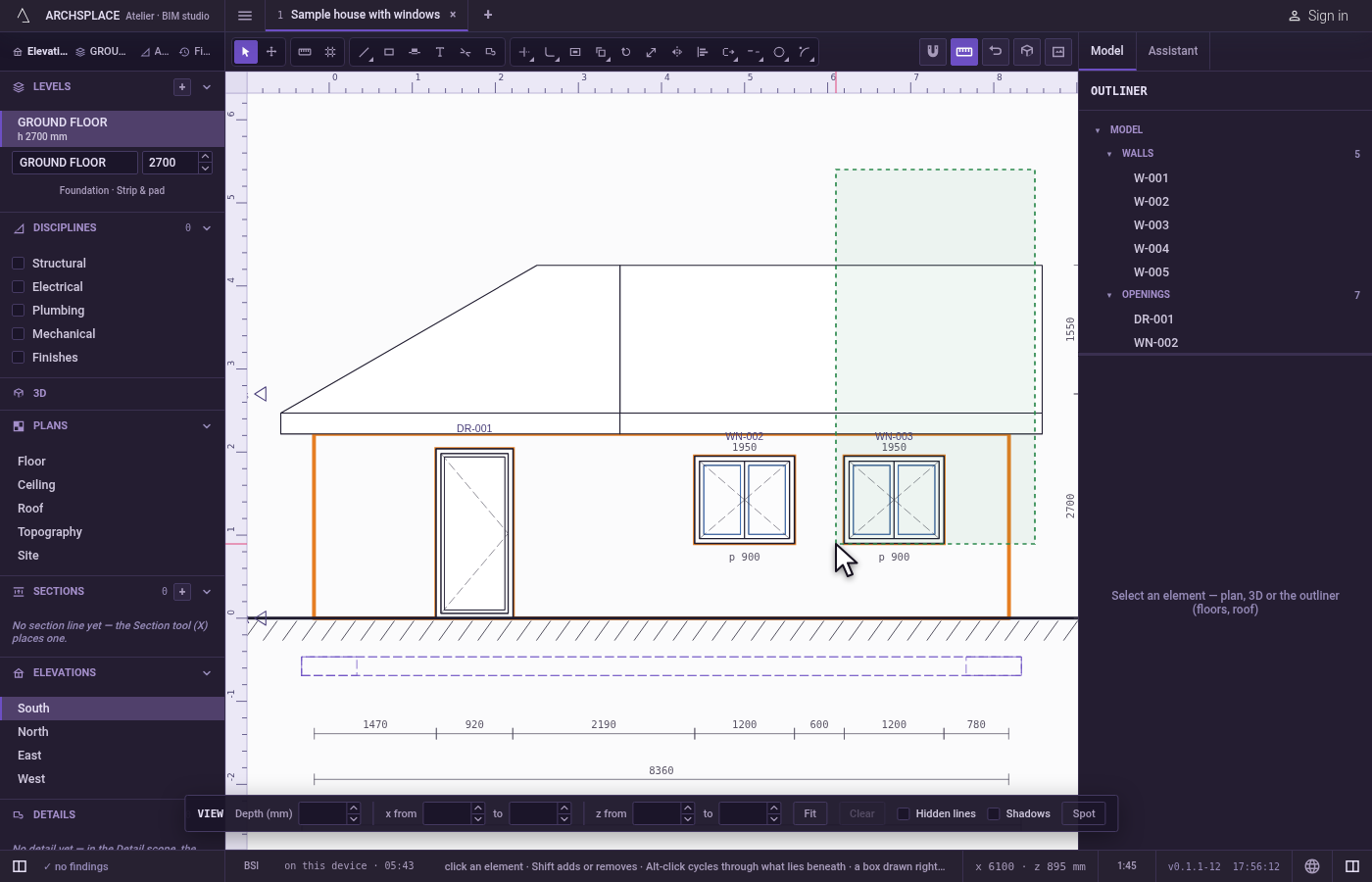 Drag a box to the left. Press the left button on empty paper and drag to the left over part of the facade.