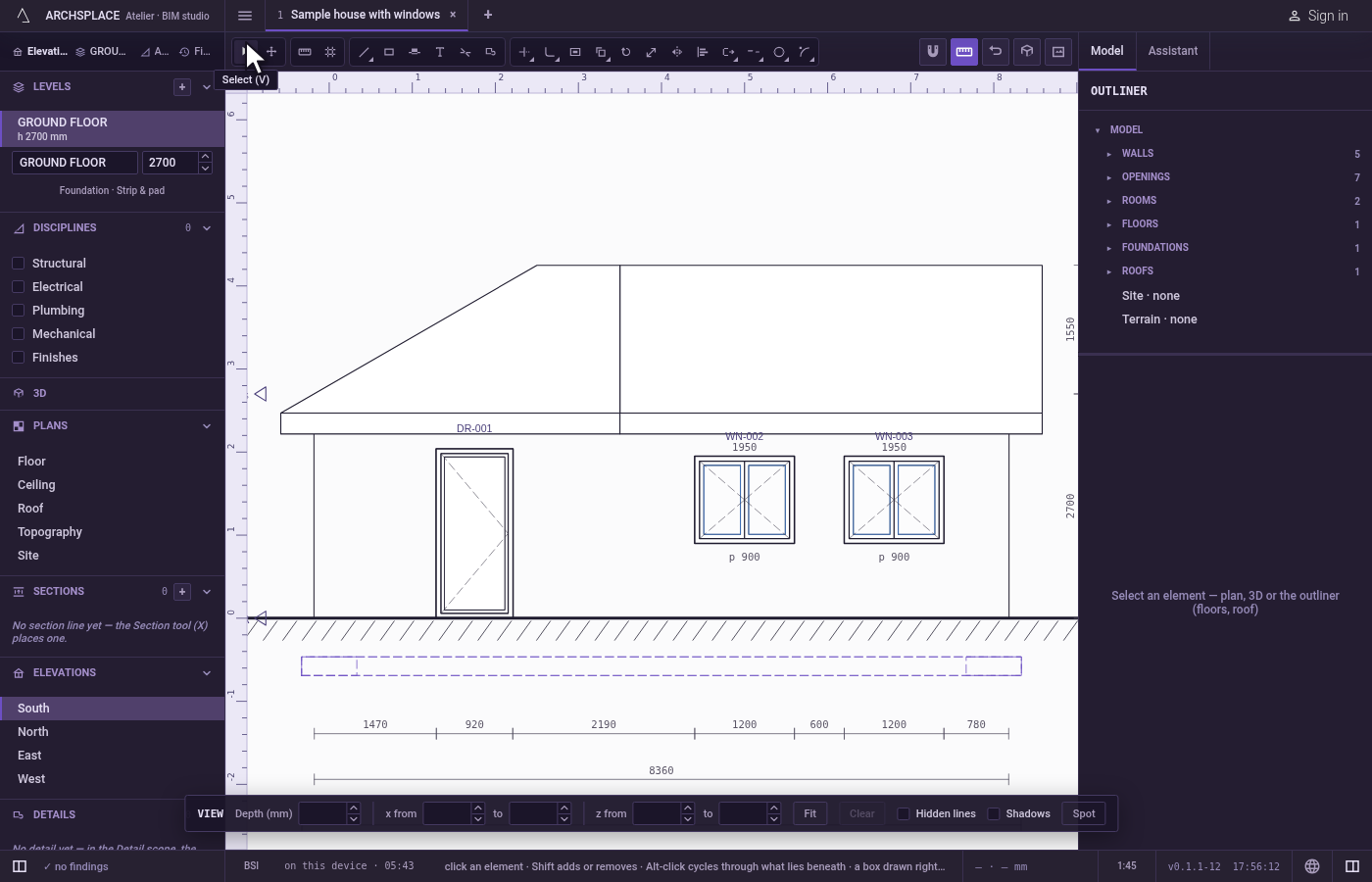 Open a section or an elevation and press V. Click it in the sidebar, under Sections or Elevations, then press V or click Select, the first tool of the toolbar.