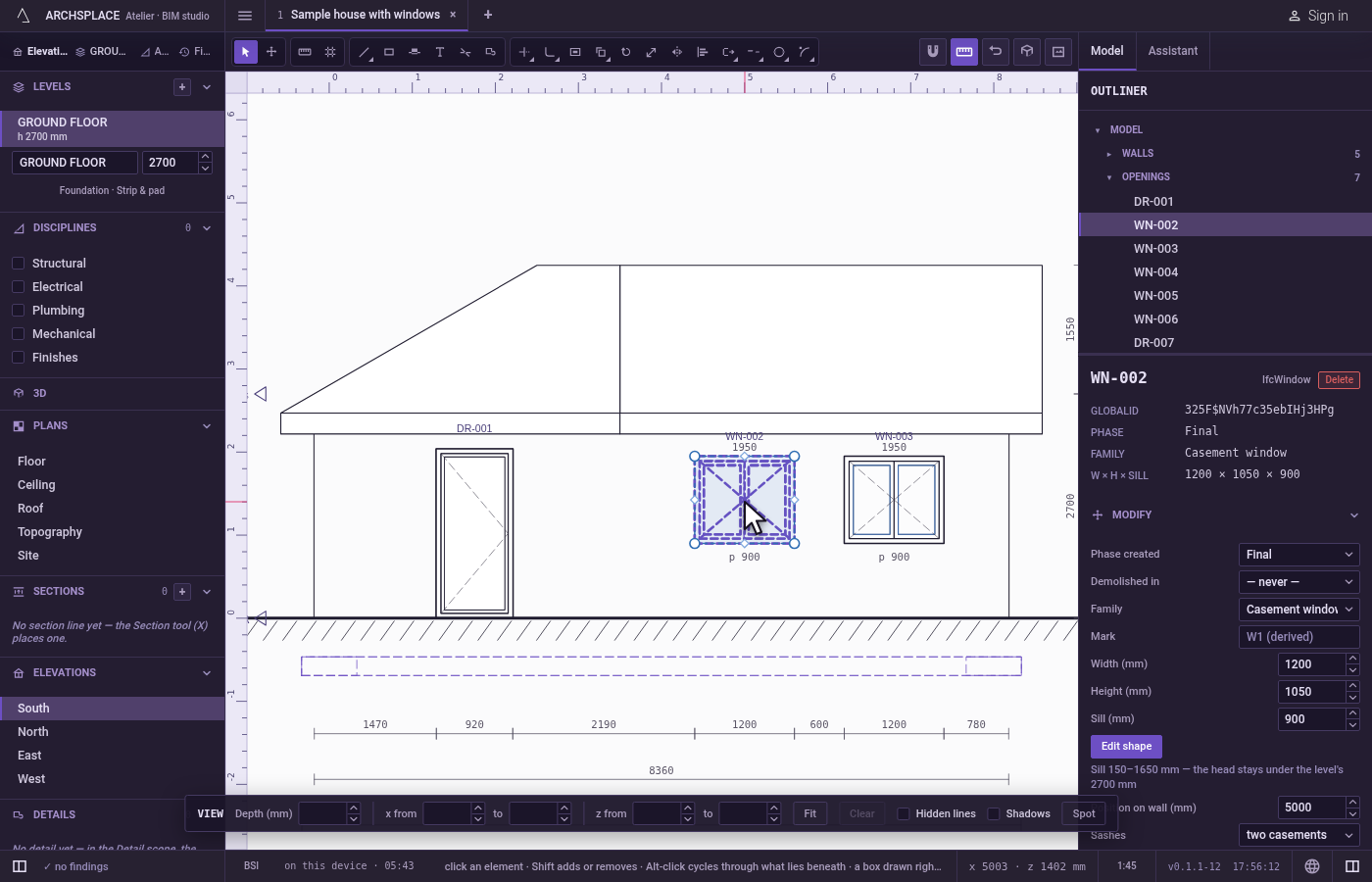 Click an element. Click a window on the facade.