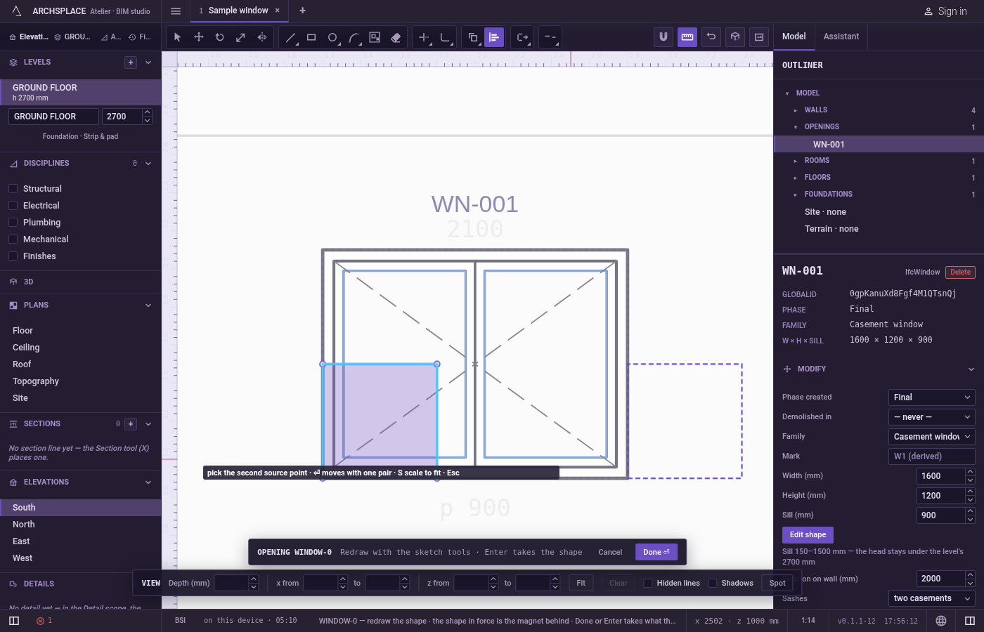 Pick the first source point, then the first destination. Both snap to corners, middles, crossings, the dimmed shape in force and the lines of the view; you can also type them as x;y.