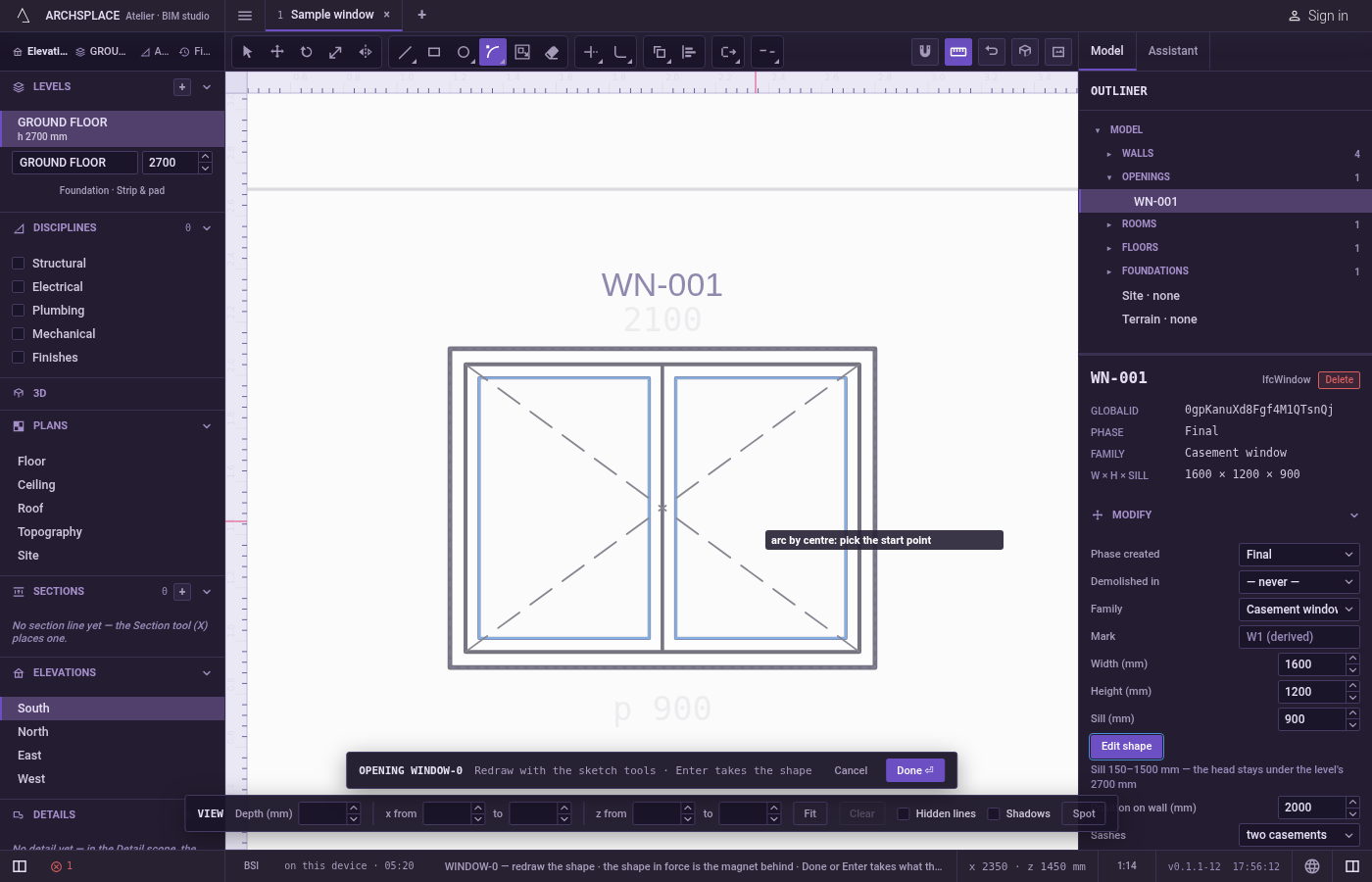 Arm Arc by centre. In the sketch editor (see Select for the ways in), type A then C quickly, or click Arc by centre on the editor's toolbar.