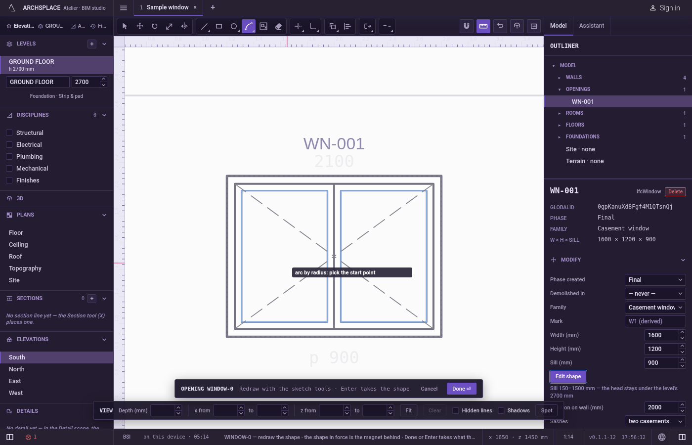 Arm Arc by radius. In the sketch editor (see Select for the ways in), type A then S quickly, or click Arc by radius on the editor's toolbar.
