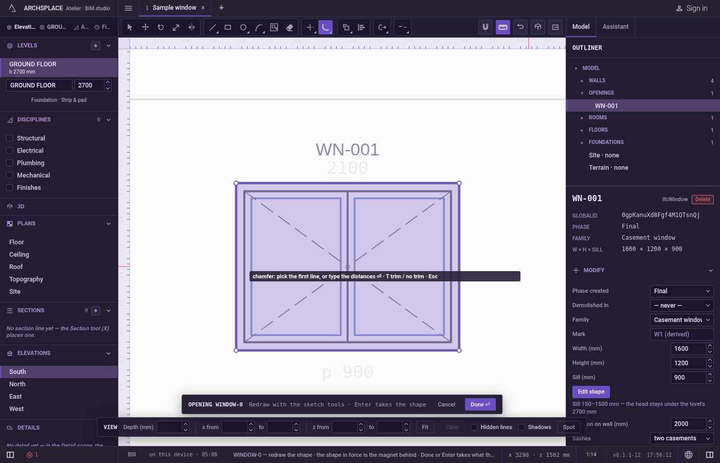 Arm Chamfer. In the sketch editor (see Select for the ways in), type C, H, A quickly, or click Chamfer on the editor's toolbar.