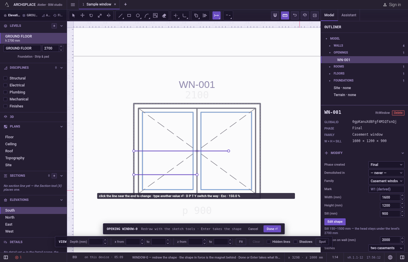 Click the line near the end to change. The preview shows the new end and the hint shows the length before and after.