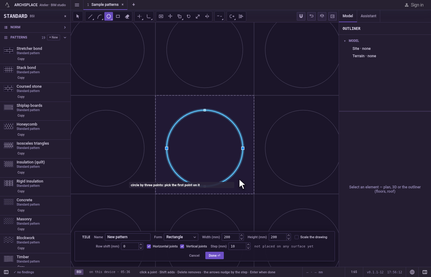 Draw the next one or finish. The circle stands, selected, and the tool waits for a new first point.