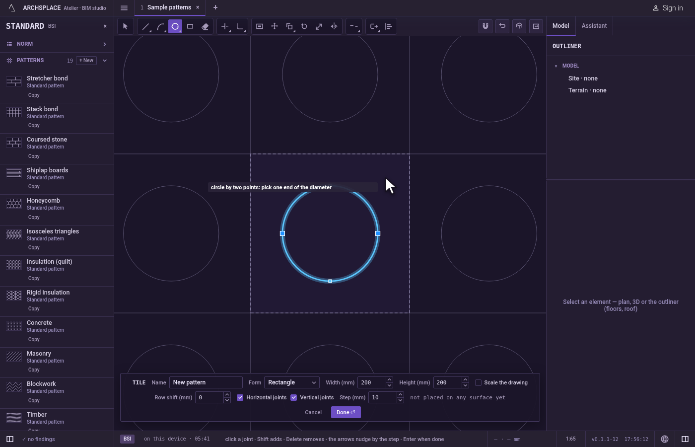Draw the next one or finish. The circle stands, selected, and the tool waits for a new first point.