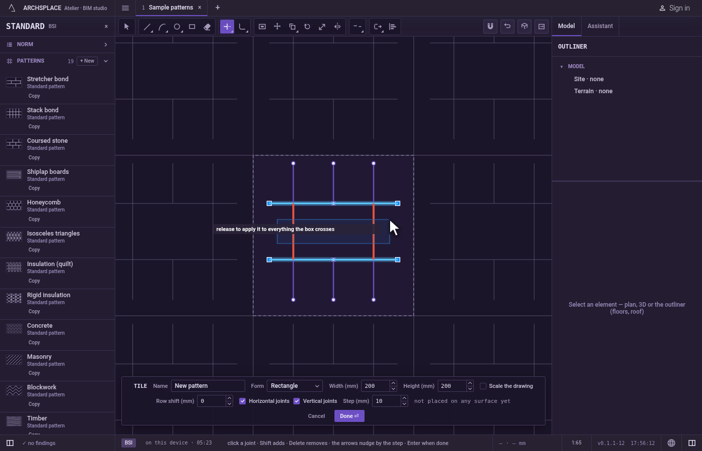 Or trim many parts at once. Drag a box across the parts, in either direction: every stretch between two cutting joints that the box touches lights in red, and releasing takes them all away.