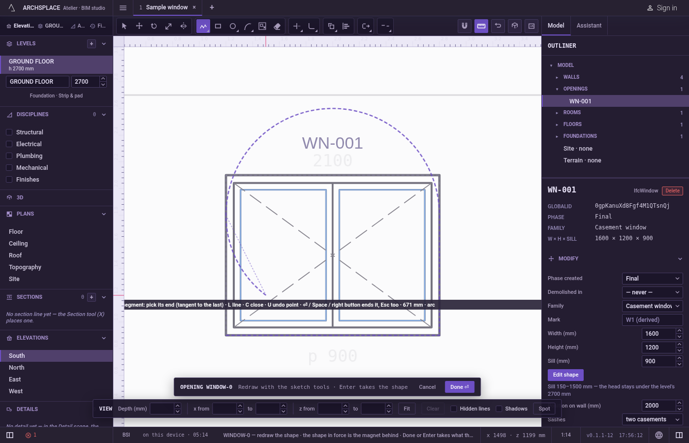 Switch to arcs and back. From the second point on, press A: the next segment is an arc tangent to the last one, ending where you click, and the hint shows arc.