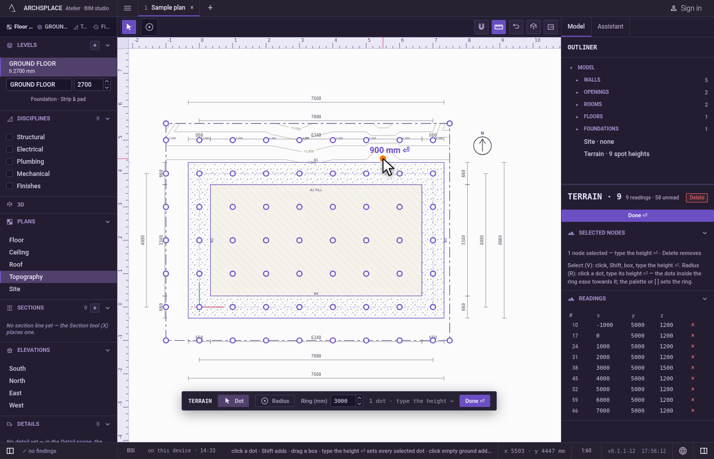 Add a dot. Click the empty ground where a point was measured between the grid's dots.