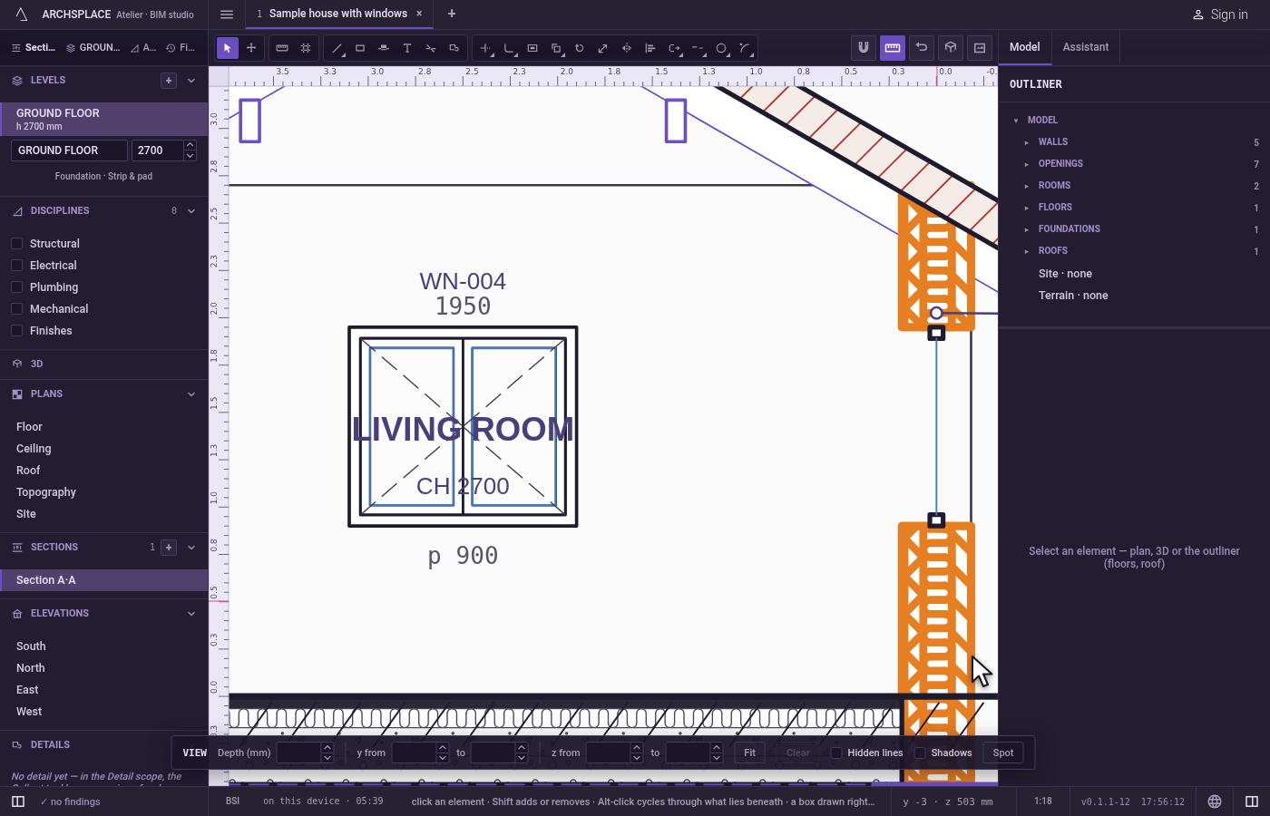 Read the cut. The walls the plane crosses are drawn cut, each layer hatched on its own, and the faces beyond the plane are drawn in projection behind them.