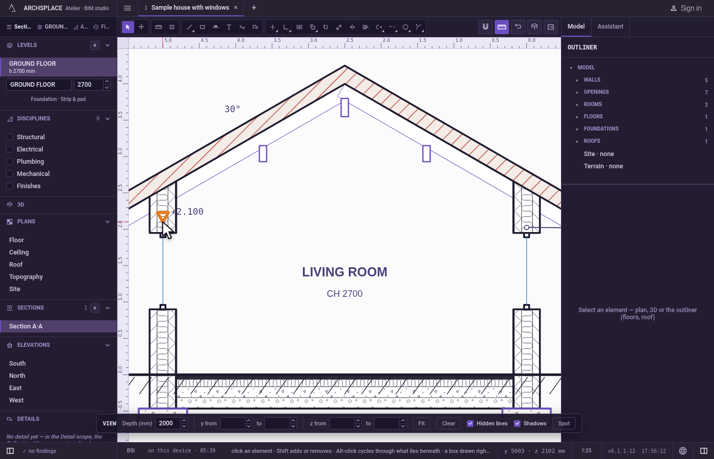 Choose what it shows. Tick Hidden lines to draw the floors and the walls behind the facade as dashed lines.