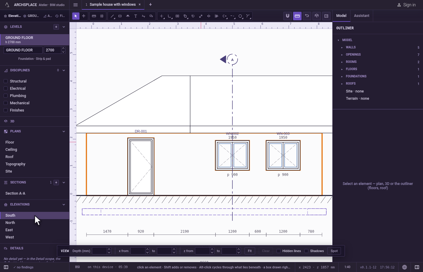Open an elevation. In the sidebar, under Elevations, click South.