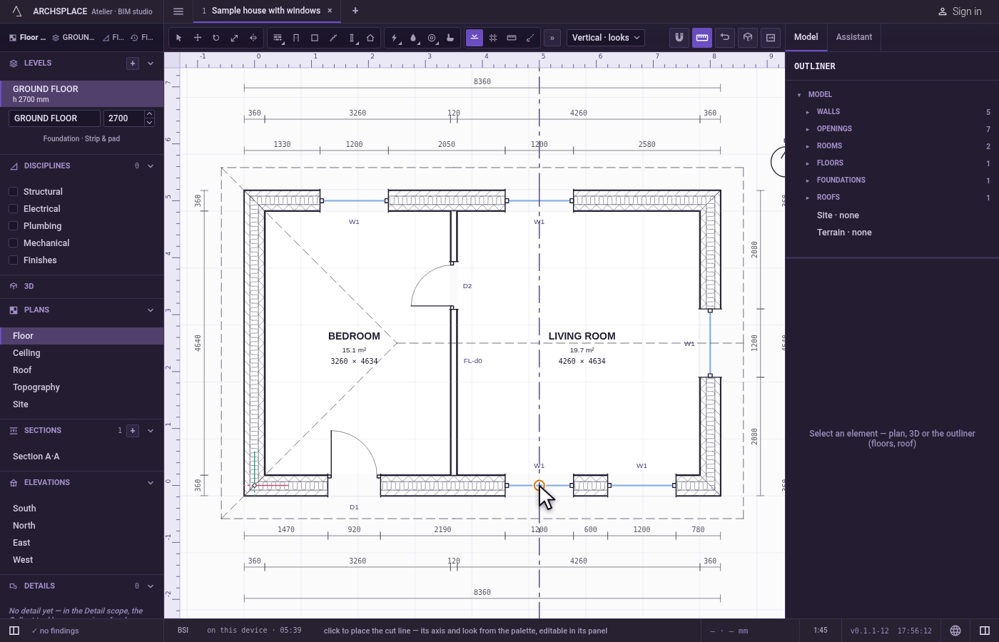 Place a cut line on the plan. On the floor plan, press X or click Section in the toolbar.