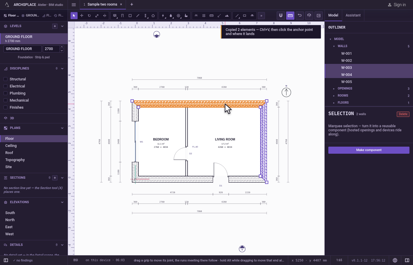Select and copy. With the Select tool, click a wall, then Shift-click a second one.