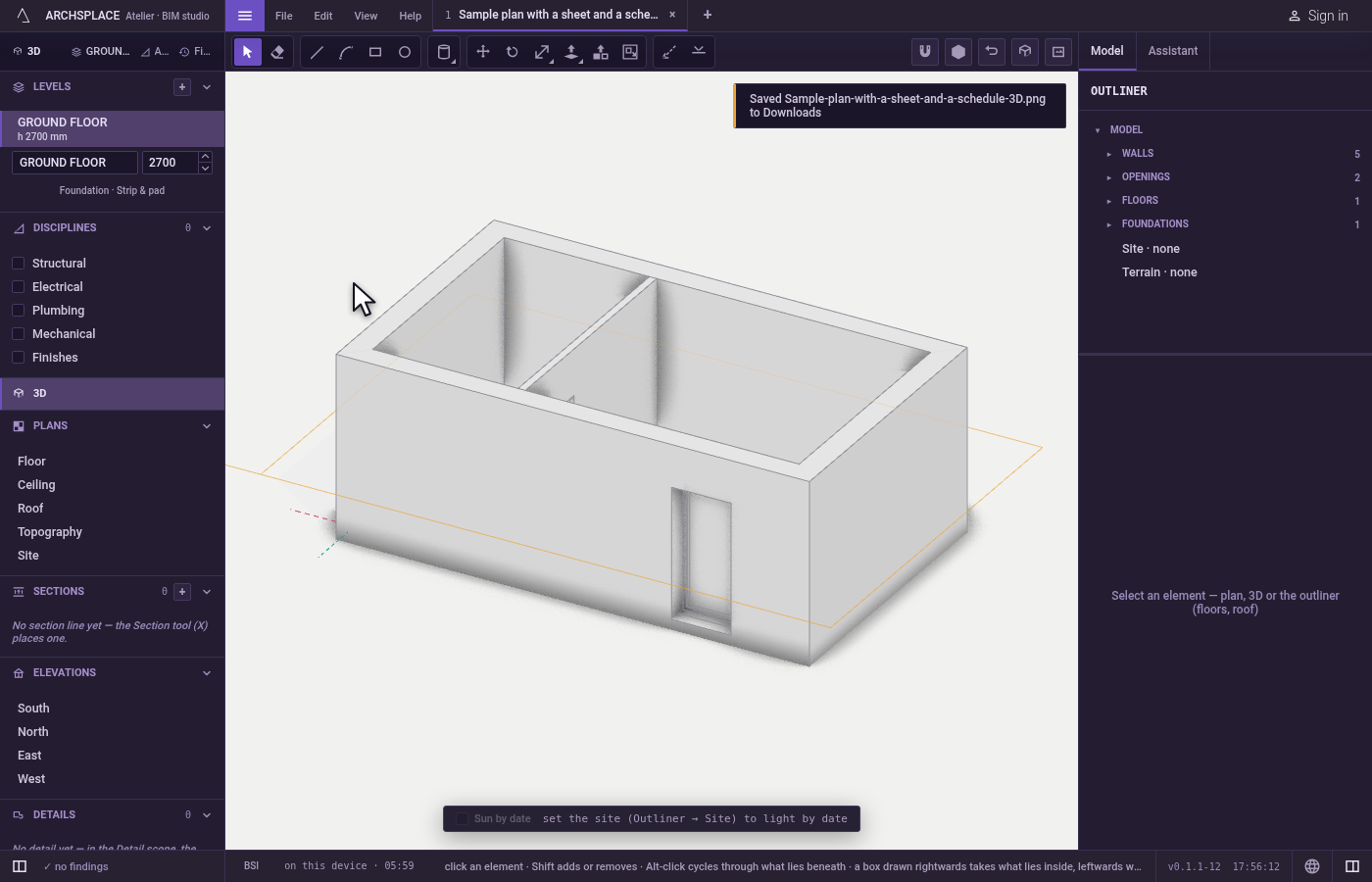 Export the 3D as an image. Open the 3D view, frame the house, open File and click Export this view as image (.png)….