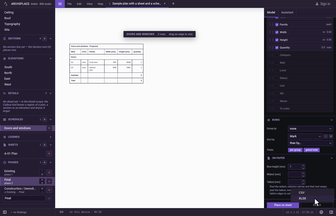 Export a schedule. Open a schedule, open File and click Export this schedule… (.csv, .xlsx).