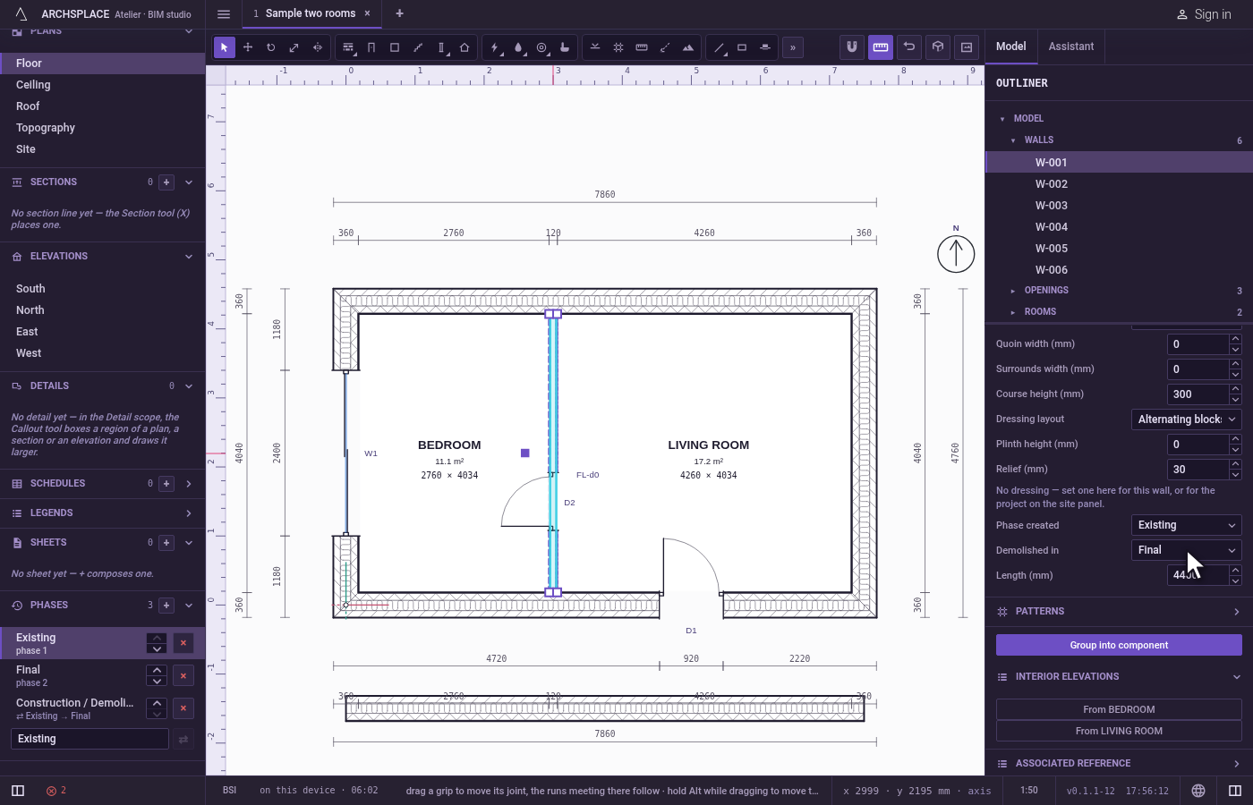 Demolish one wall. Select a wall to take down, and in its panel set Demolished in to Final.