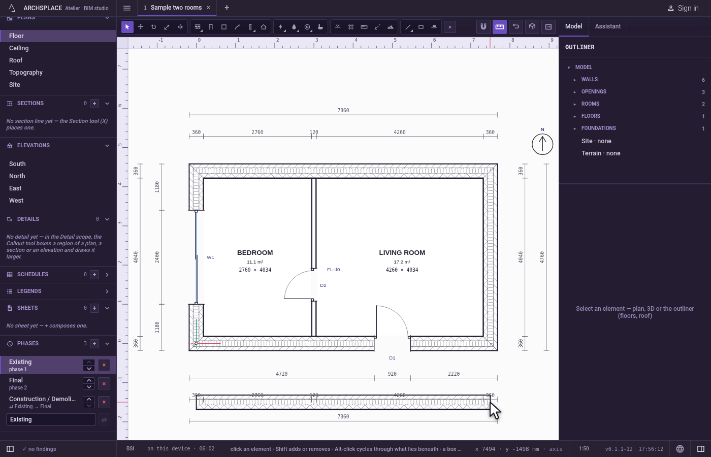 Draw the existing walls. Click Existing in Phases.