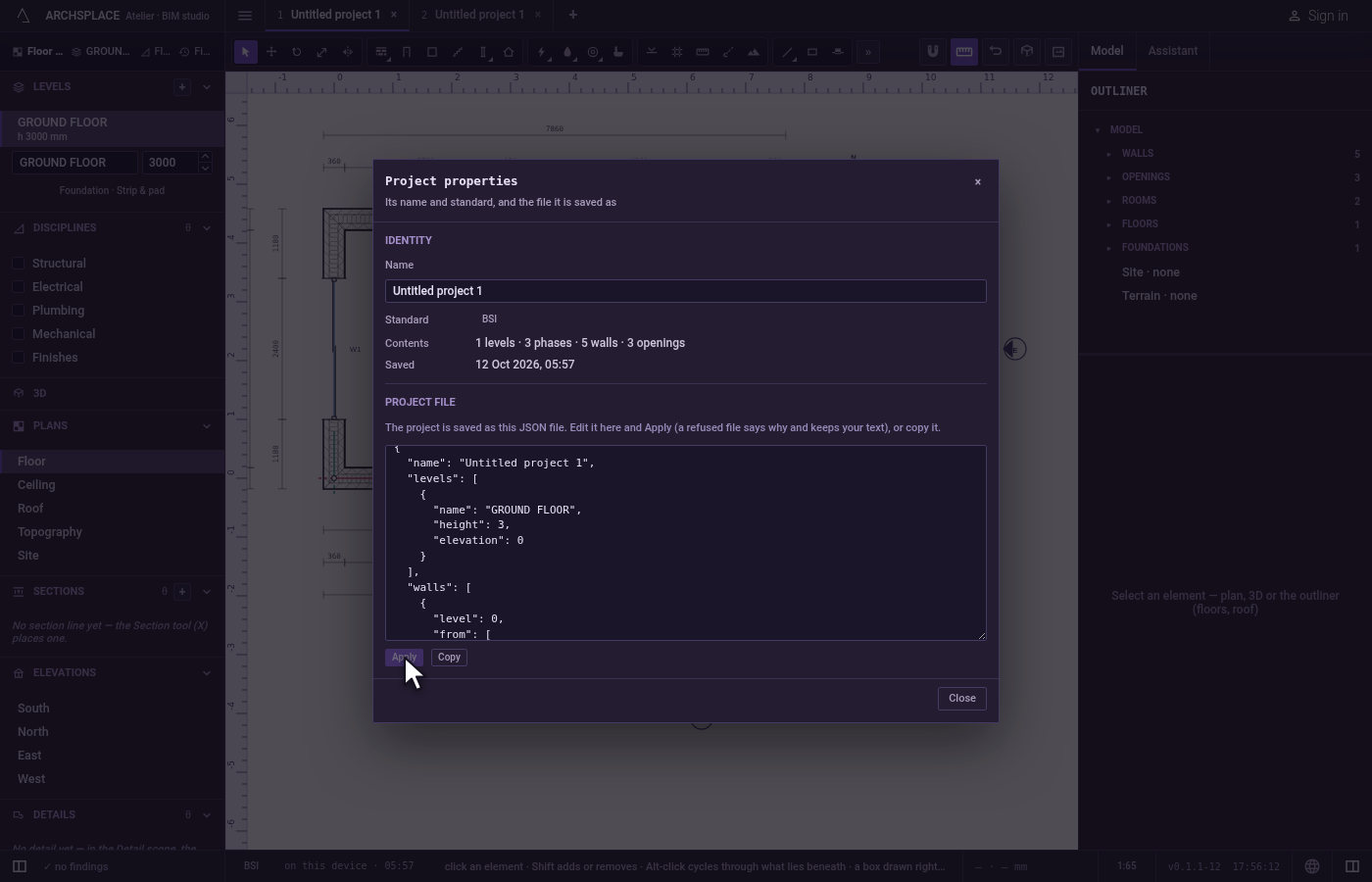 Edit the file. In Project file, change the height of the first level from 2.8 to 3 and click Apply.