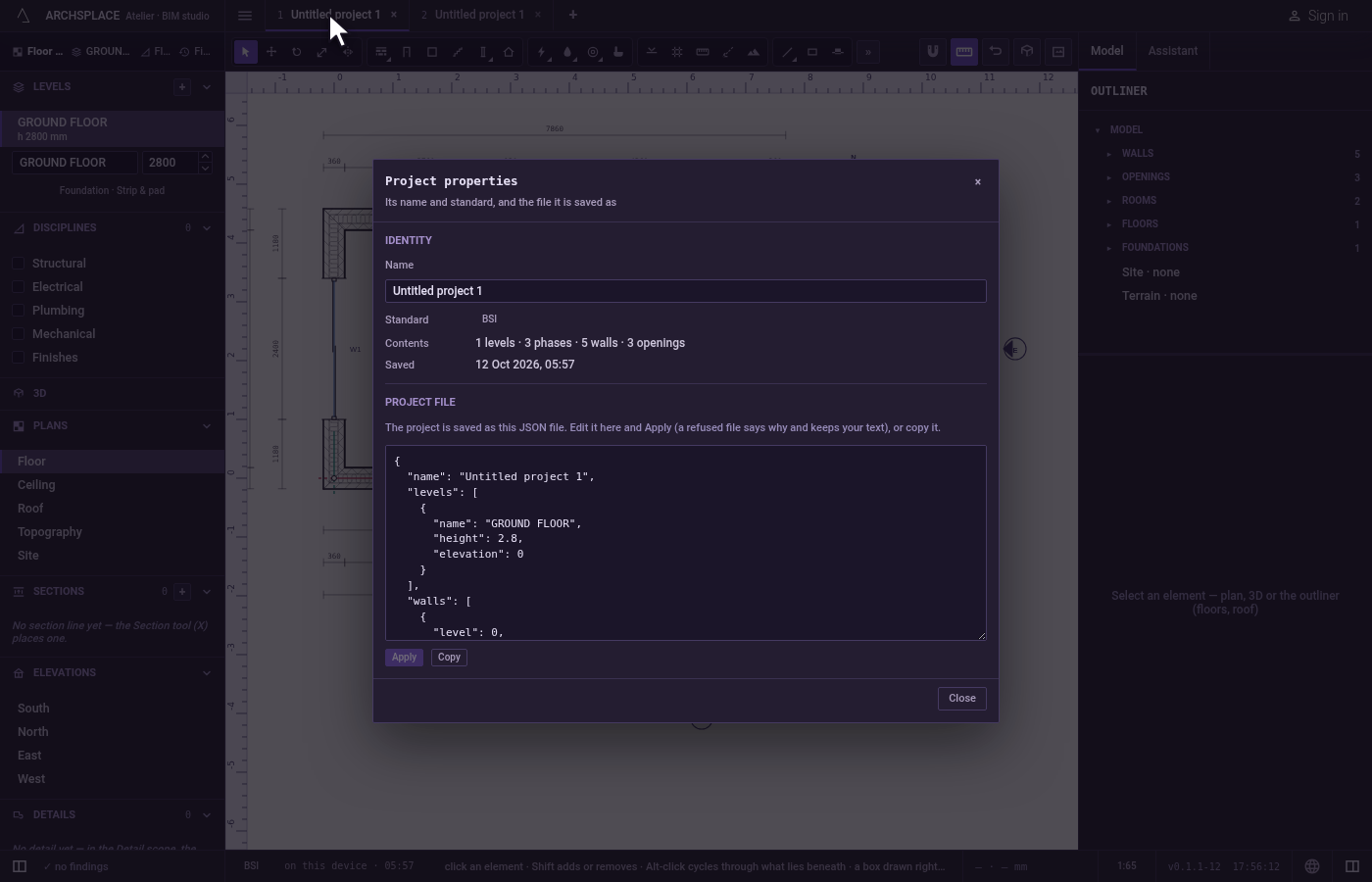 Open the properties. Double-click the project's tab in the header.