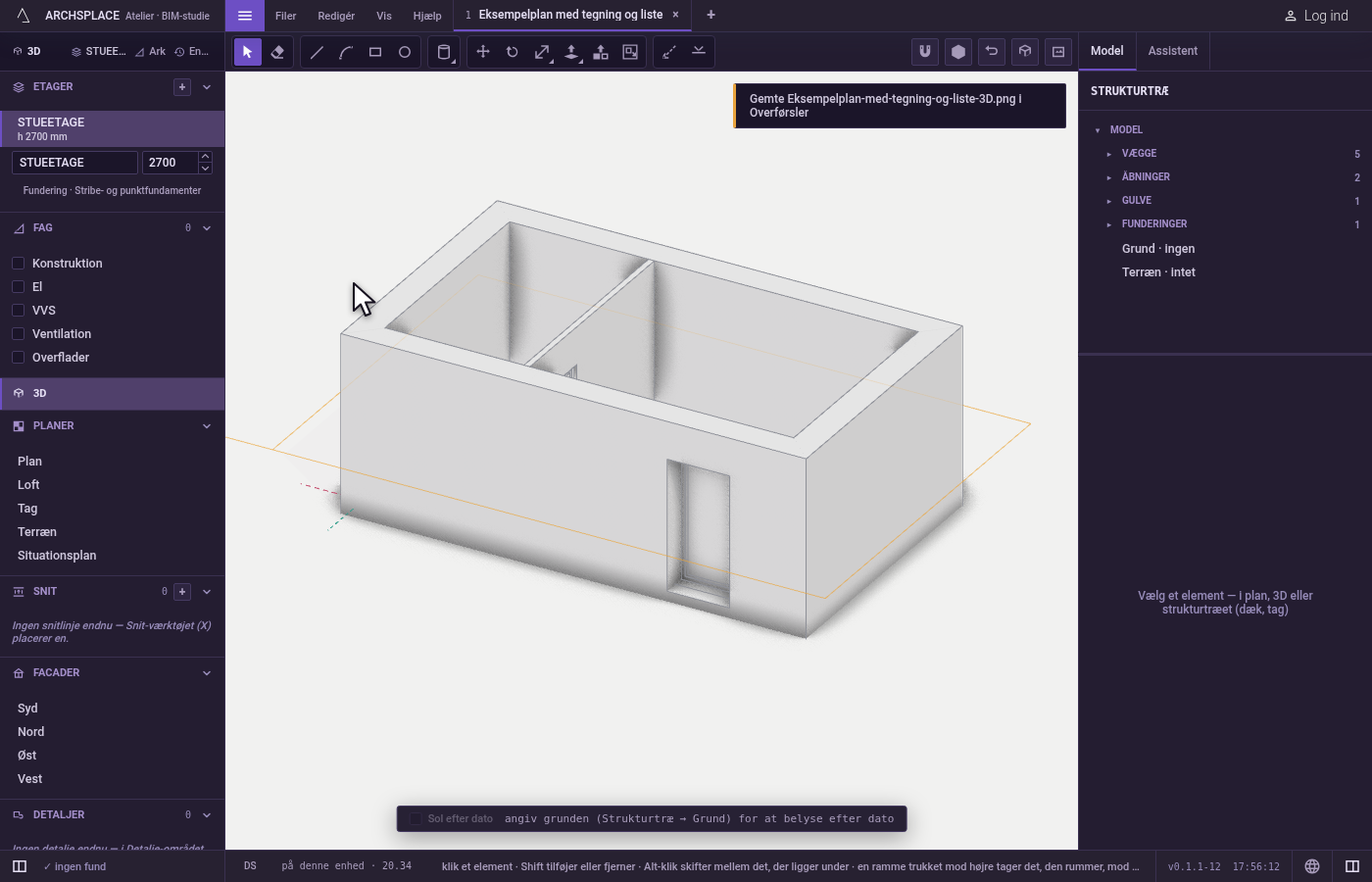 Eksportér 3D som et billede. Åbn 3D-visningen, vis huset, åbn Filer, og klik på Eksportér denne visning som billede (.png)….