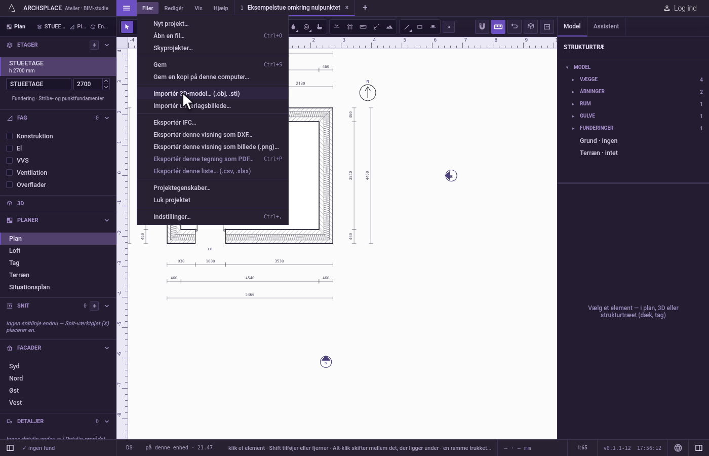 Åbn importen. Åbn Filer, og klik på Importér 3D-model… (.obj, .stl).